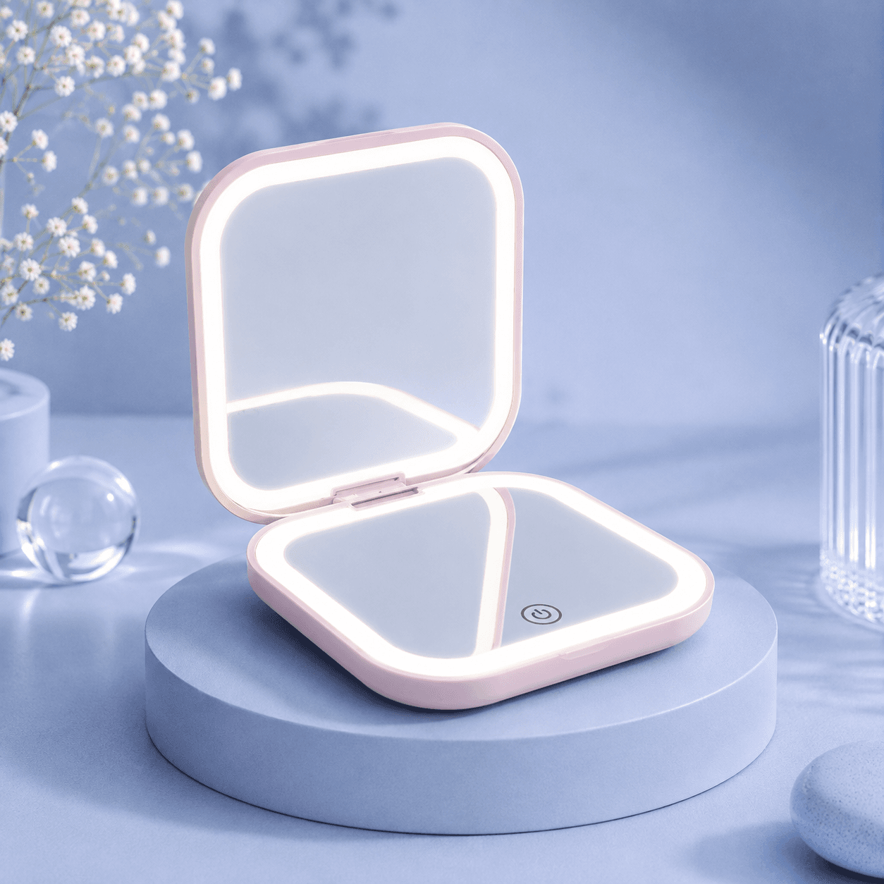 FoldLight Mirror — Espelho LED Dobrável com Aumento 1X/2X