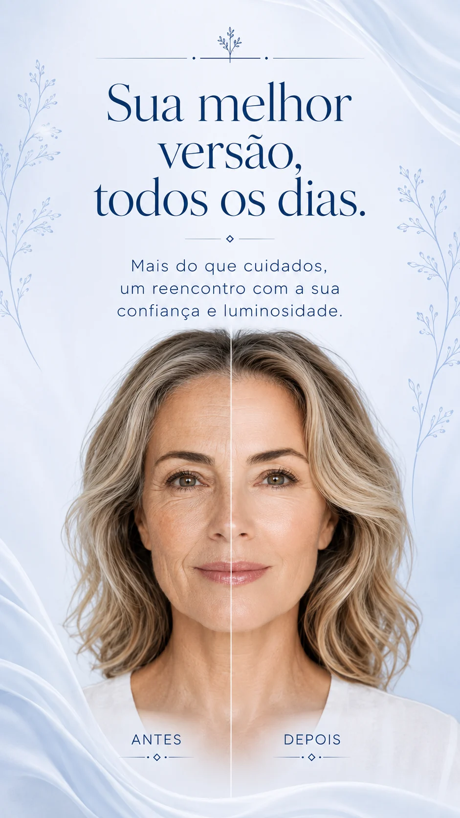Sua melhor versão, todos os dias. Mais do que cuidados, um reencontro com a sua confiança e luminosidade — o antes e o depois no rosto de uma mulher.